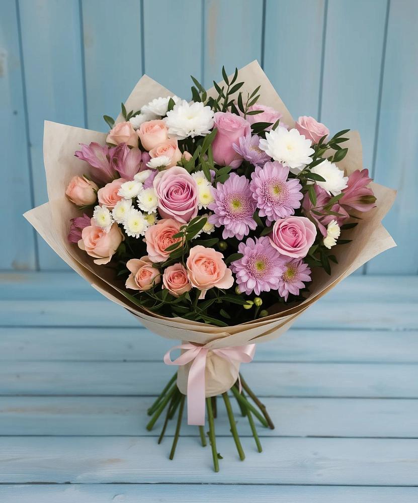 Букет цветов из: Хризантемы, Розы и Альстромерии в Семеновке