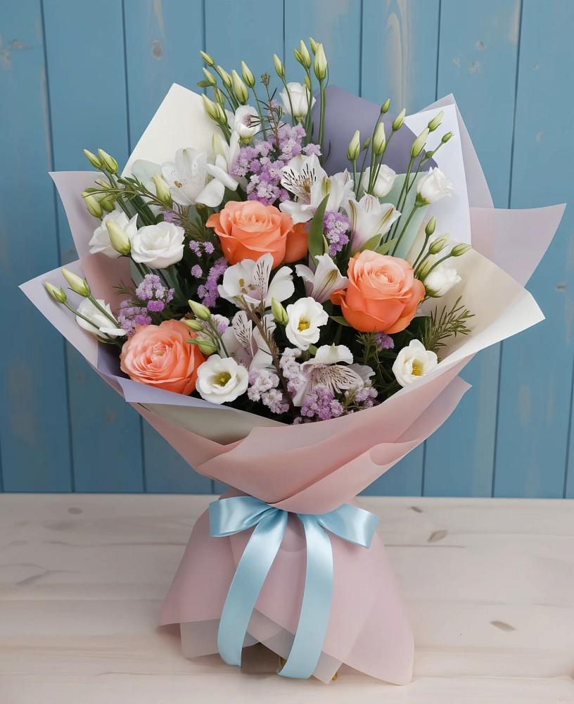 Букет цветов из: Лизиантусы, Розы, Альстромерии и Гипсофила в Семеновке