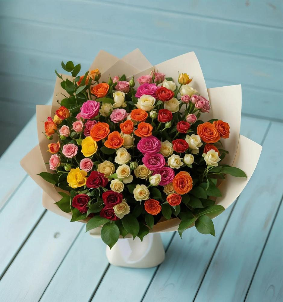 Букет Микс из разноцветных кустовых роз в Семеновке