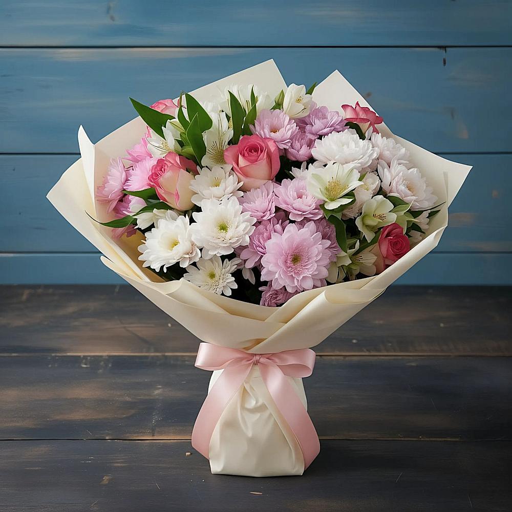 Букет цветов из: Хризантемы, Альстромерии и Розы в Семеновке